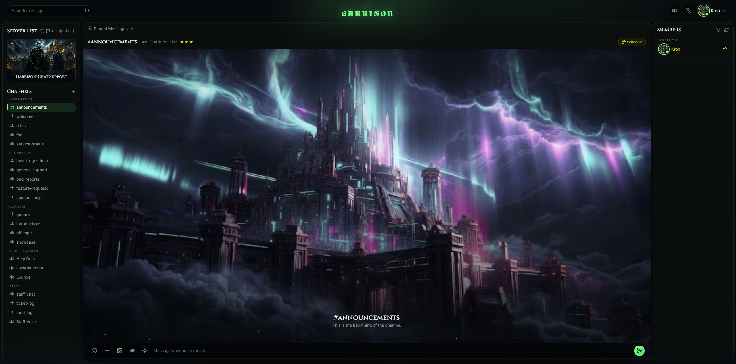 The Garrison app, server list, channel sidebar, the #announcements channel with a custom server background, and the member list